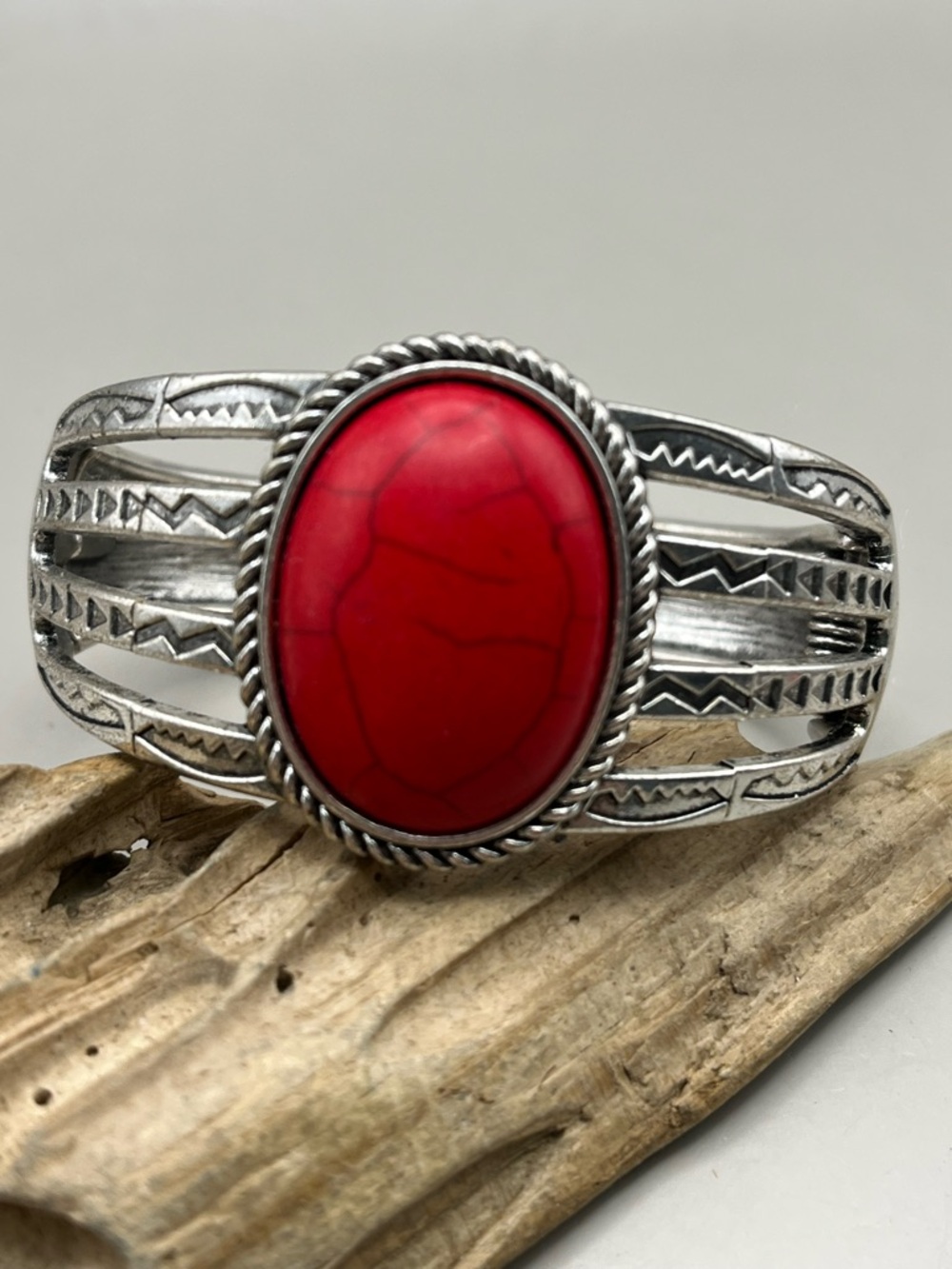 Southwestern Red Howlite Stone Hinged Cuff Bracelet | Silver Tone Tribal Aztec